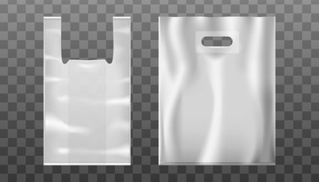 3d realistic vector hand bag with hand hole or handle from plastic or foil. Transparent background.のイラスト素材