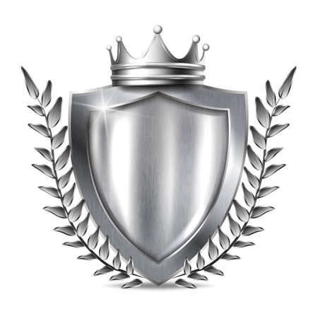3d realistic vector metal shield with frame . Blank silver steel metallic panel with silver crown, leaves award trophy or certificate template isolated on white background.のイラスト素材
