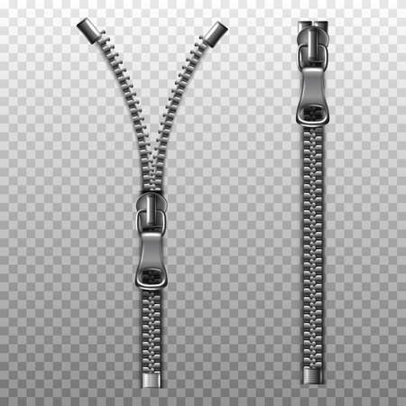 3d realistic vector zipper, open and closed. Illustration on transparent background.のイラスト素材