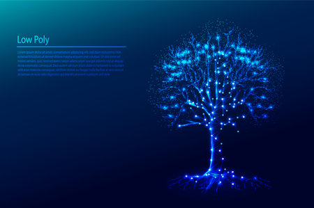 Polygonal tree on dark blue tech background, triangles and particle style design.のイラスト素材