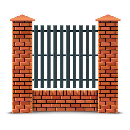 3d realistic vector red brick fence. Isolated on white background.のイラスト素材
