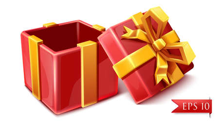 vector cartoon style red celebration box with golden ribbons opened isolated on white background.のイラスト素材