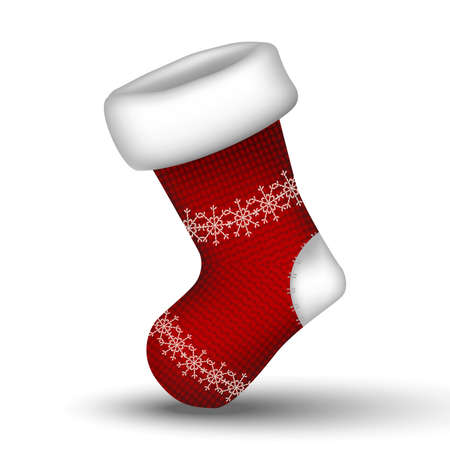 3d realistic vector knitted winter red Christmas sock. Isolated on white background.のイラスト素材