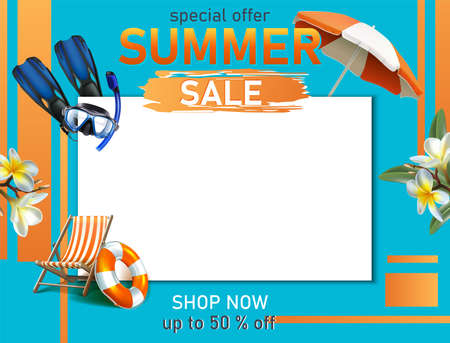 Vector summer sale banner template with summer elements and copy space on blue background.のイラスト素材