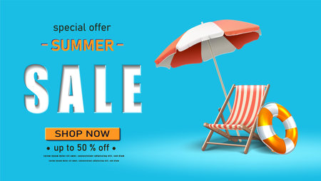 Vector summer sale banner template. Horizontal orientation. With sunbed and umbrella on blue background.のイラスト素材