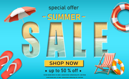 Vector summer sale banner template. Horizontal orientation with slippers, sunbed, and sea.のイラスト素材