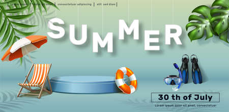 Vector summer sale horizontal banner template with summer beach elements, sun bed, umbrella and diving mask.のイラスト素材