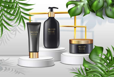 Vector summer cosmetics background, advertisement with palms ans black cream bottles with golden lids and sunshine spots and golden frame on white stand.のイラスト素材