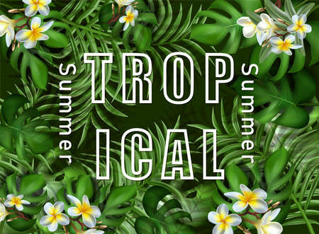 Vector big summer sale banner template with tropical leaves frame.