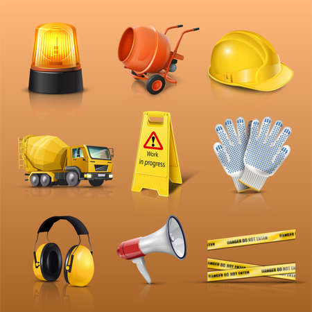 3d realistic vector icon set of construction works. Warning light, helmet, truck, warning.のイラスト素材