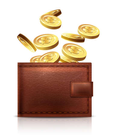 3d realistic vector leather wallet with golden coins falling in it. Isolated on white background.のイラスト素材