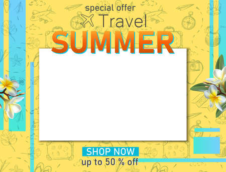 Vector travel banner. Summer travel tourist banner with copy space and hand drawn elements,...