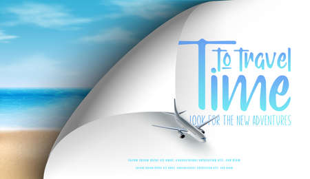 Time to travel banner with airplane in the sky and realistic beach with sand and ocean waves from top view.のイラスト素材