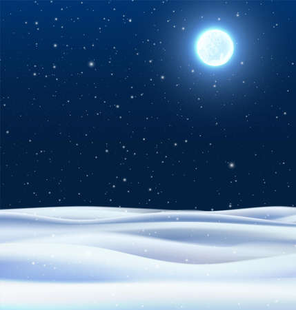 Vector realistic night winter background with snow fields and blue sky with moon glowing.のイラスト素材