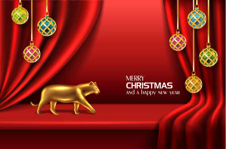 Vector realistic Christmas and New Year background, banner, flyer, greeting card, postcard. Red background with balls and golden tiger.のイラスト素材
