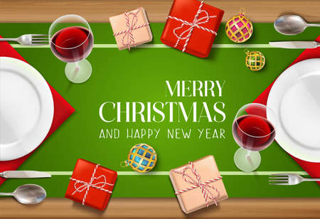 Vector realistic Christmas and New Year background, banner, flyer, greeting card, postcard. Horizontal orientation. Celebration table with plates and wine with gifts on top view.のイラスト素材