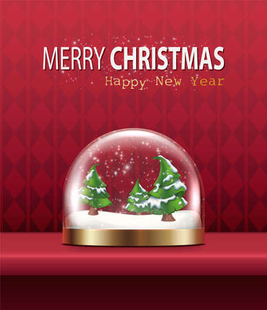 Vector realistic Christmas and New Year background, banner, flyer, greeting card, postcard. Vertical orientation. Red background with glass snow globe with trees.のイラスト素材