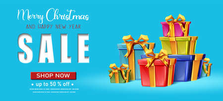 Vector realistic Christmas and New Year background, banner, flyer, greeting card, postcard. Horizontal orientation. Blue background with sale writing and colorful stack of gift boxes.のイラスト素材