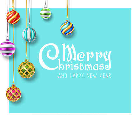 Vector realistic Christmas and New Year background, banner, flyer, greeting card, postcard. Square orientation. Colorful hanging ballsのイラスト素材
