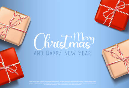 Vector 3d realistic Christmas background with gift boxes.のイラスト素材