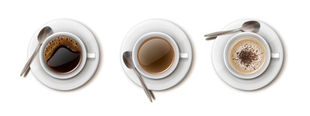 3d realistic vector set of white coffee cups for cafe and restaurant drink menu, americano, cappuccino, black coffee.のイラスト素材