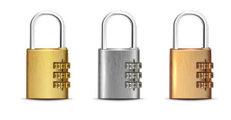 3d realistic vector set of square golden, silver, bronze padlock open and closed.のイラスト素材