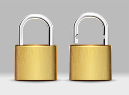 3d realistic vector set of square golden padlock open and closed.のイラスト素材