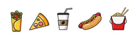 Vector colorful icon of burrito, pizza, coffee, hot dog, wok box. Isolated on white background.のイラスト素材