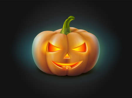 3d realistic vector Halloween pumpkin with glowing face in the dark.のイラスト素材