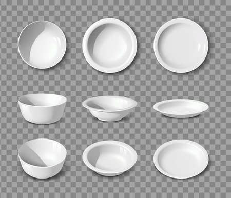 3d realistic vector collection. White porcelain set of dishes, plates and bowls in side, front and top view.のイラスト素材