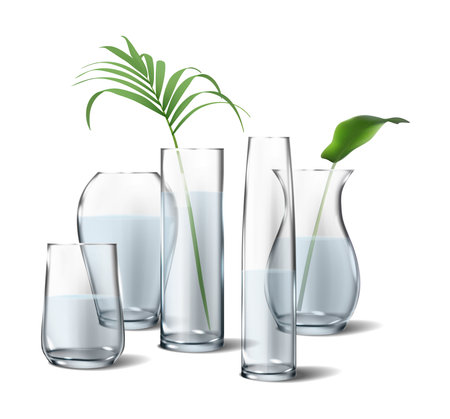 3d realistic icon. Isolated. Collection of flower glass transparent vases with plants inside. On white background.のイラスト素材