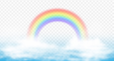 3d realistic vector icon. Colorful rainbow on white clouds.のイラスト素材