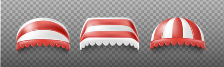 3d realistic vector icon set. Collection of canopy for pop up stores. Red striped parasoles.のイラスト素材