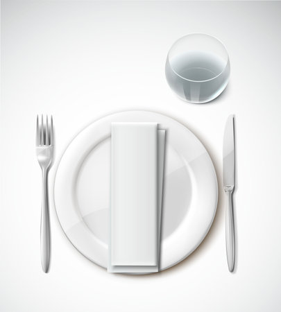 White plate, knife and fork on a white background. Vector illustration.のイラスト素材