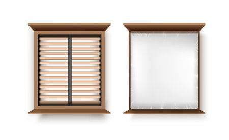 Realistic wooden window with blinds isolated on white background. Vector illustration.のイラスト素材