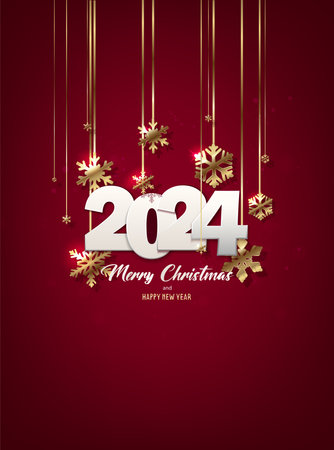 Vertical vector illustration 2024 Merry Christmas and happy new year. Holiday greeting banner, flyer and card.with hanging golden snowflakes on red background.のイラスト素材