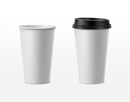 realistic vector icon illustration. Paper coffee cup with black lid and without.のイラスト素材