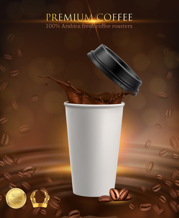 realistic vector icon illustration. Paper coffee cup with splash of coffe on background. Premium coffee roasters.のイラスト素材