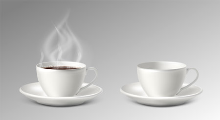 realistic vector icon illustration. White porcelain cup with sauser with coffee and empty.のイラスト素材