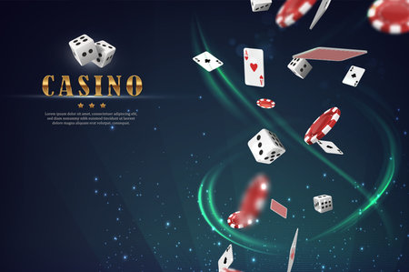 casino vector banner. On sci-fi green glowing background. with playing cards, chips and dice.のイラスト素材