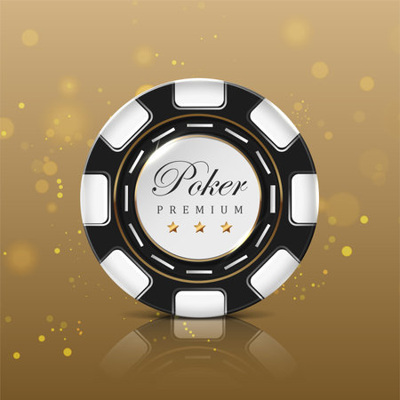 Online casino poker chip on gold background. 3d realisitc vector icon illustration.のイラスト素材