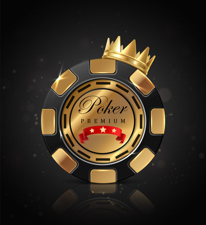 Online casino poker chip banner on black background with gold crown. realisitc vector icon illustration.のイラスト素材