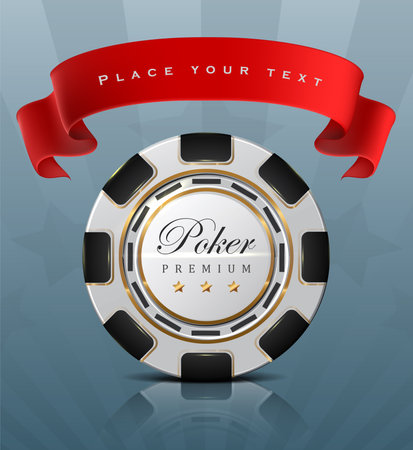 Online casino poker chip banner with red ribbon. realisitc vector icon illustration.のイラスト素材