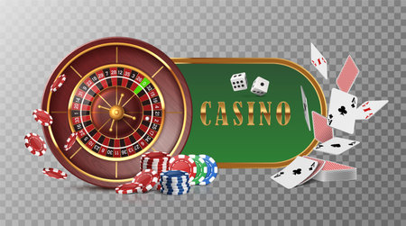 Casino roulette wheel with flying cards, poker chips and dice. Isolated on dark .のイラスト素材