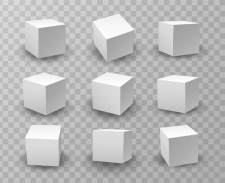 realistic vector icon set. White modeling cube mockups under different lightning.のイラスト素材