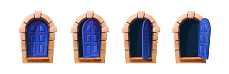 Blue wooden cottage door open and closed. Vector cartoon style icon illustrations. Sprite animation for game.のイラスト素材