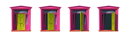 Green wooden door of old cottage house. Vector cartoon style icon illustrations. Sprite animation for game.のイラスト素材