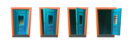 Vector cartoon style icon illustrations. Sprite animation for game. Open and stages of closed door, house entry.のイラスト素材