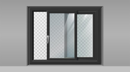 realistic vector icon illustration. Black sliding window frame in the wall.のイラスト素材
