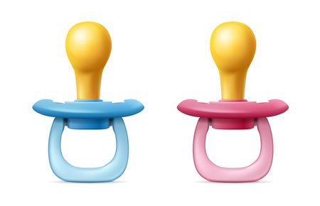 realistic vector icon. Baby boy and girl pacifier. Blue and pink.のイラスト素材